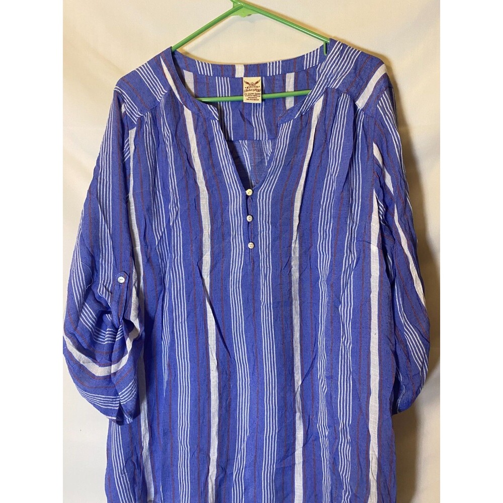 Faded Glory Womens Plus Size 3X 22W 24W Blue Vneck Tunic Top Shirt Blouse Stripe